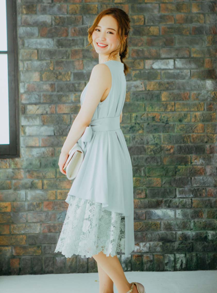 ノースリーブ裾イレギュラー異素材切替ワンピース｜結婚式