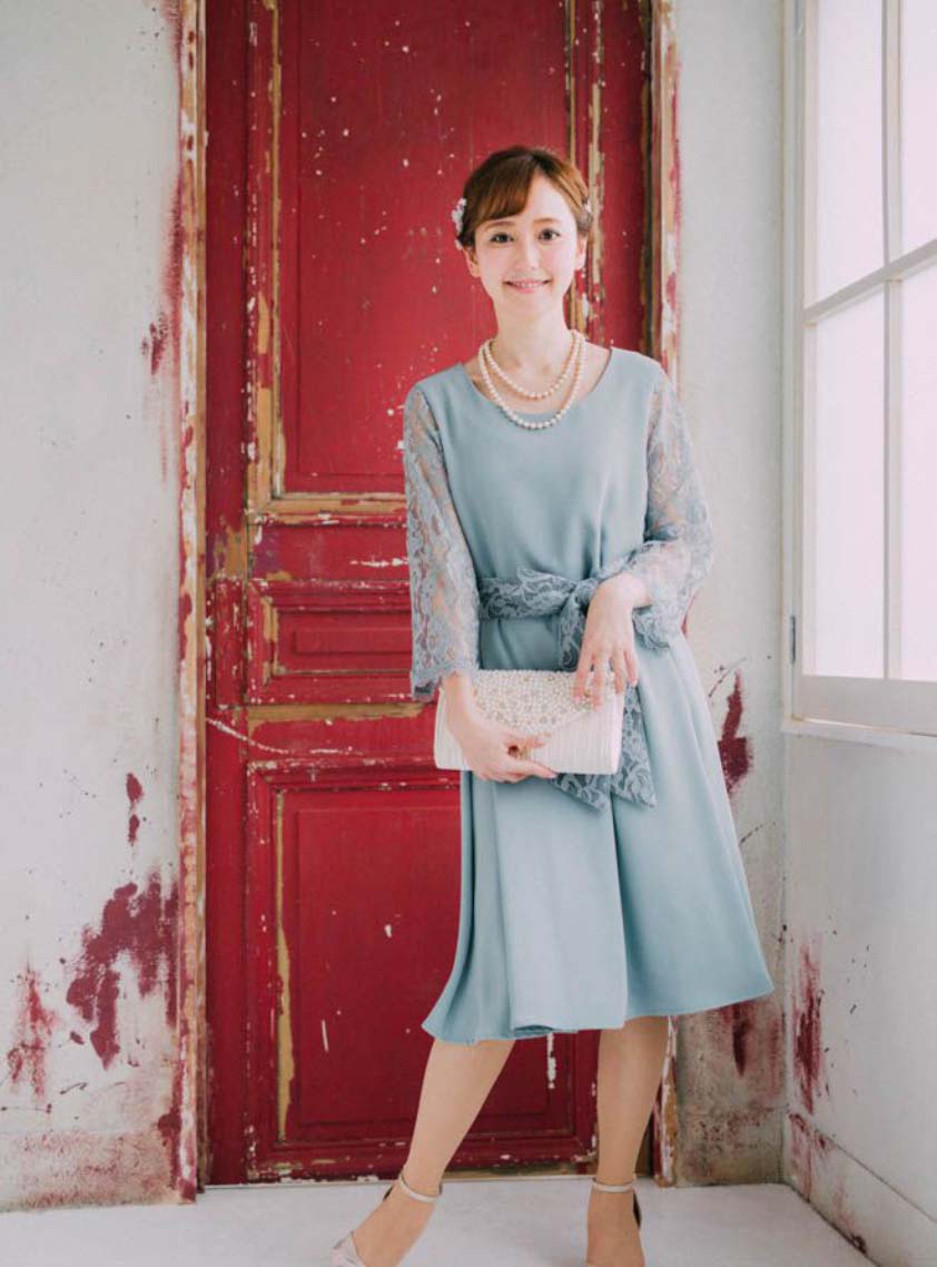 サッシュベルト付き袖レース七分袖ワンピース｜結婚式パーティの