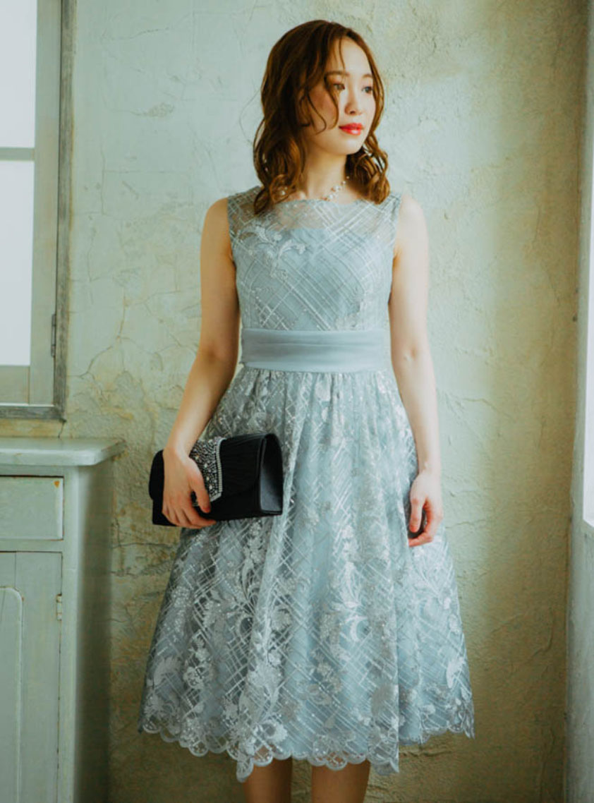 ノースリーブスパンコールチェック柄ワンピース｜結婚式パーティの