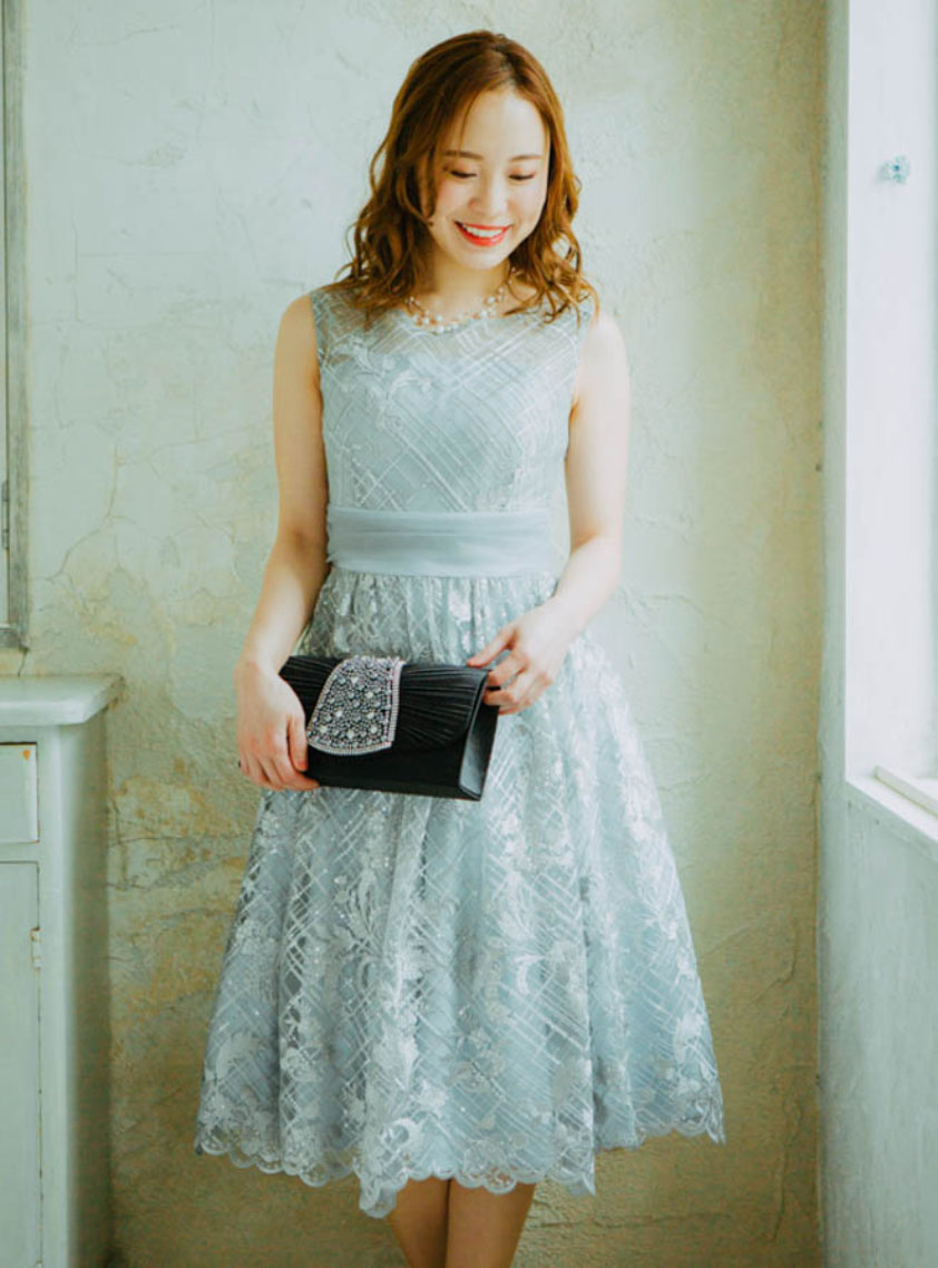 ノースリーブスパンコールチェック柄ワンピース｜結婚式パーティの