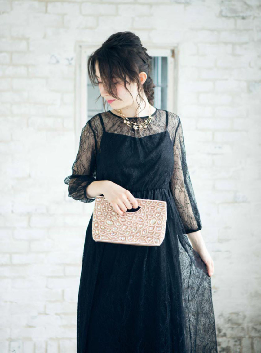 七分袖総シアーレースロングワンピース｜結婚式パーティのレンタル