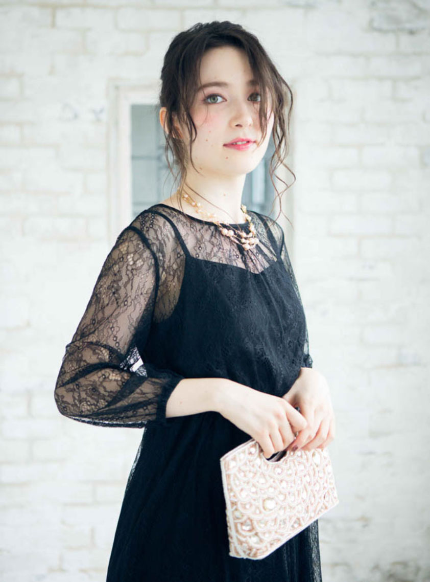 七分袖総シアーレースロングワンピース｜結婚式パーティのレンタル