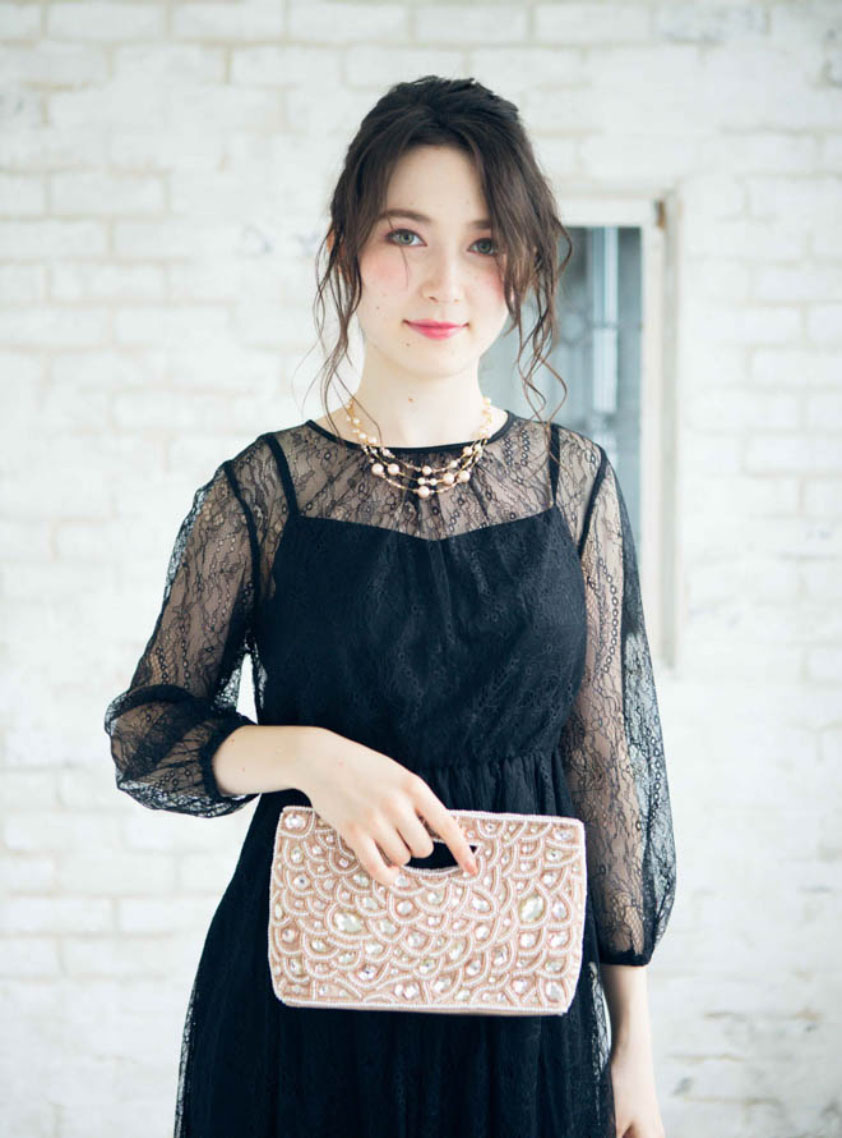 七分袖総シアーレースロングワンピース｜結婚式パーティのレンタル