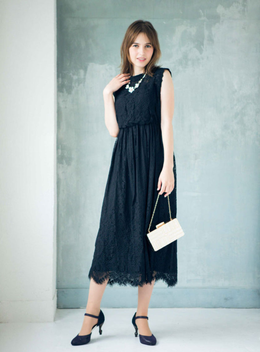 ノースリーブスタンドカラー縦ライン総レースワンピース｜結婚式