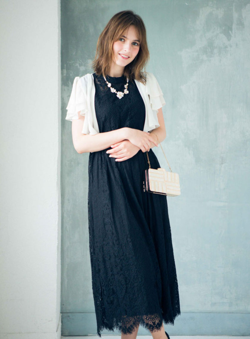 ノースリーブスタンドカラー縦ライン総レースワンピース｜結婚式