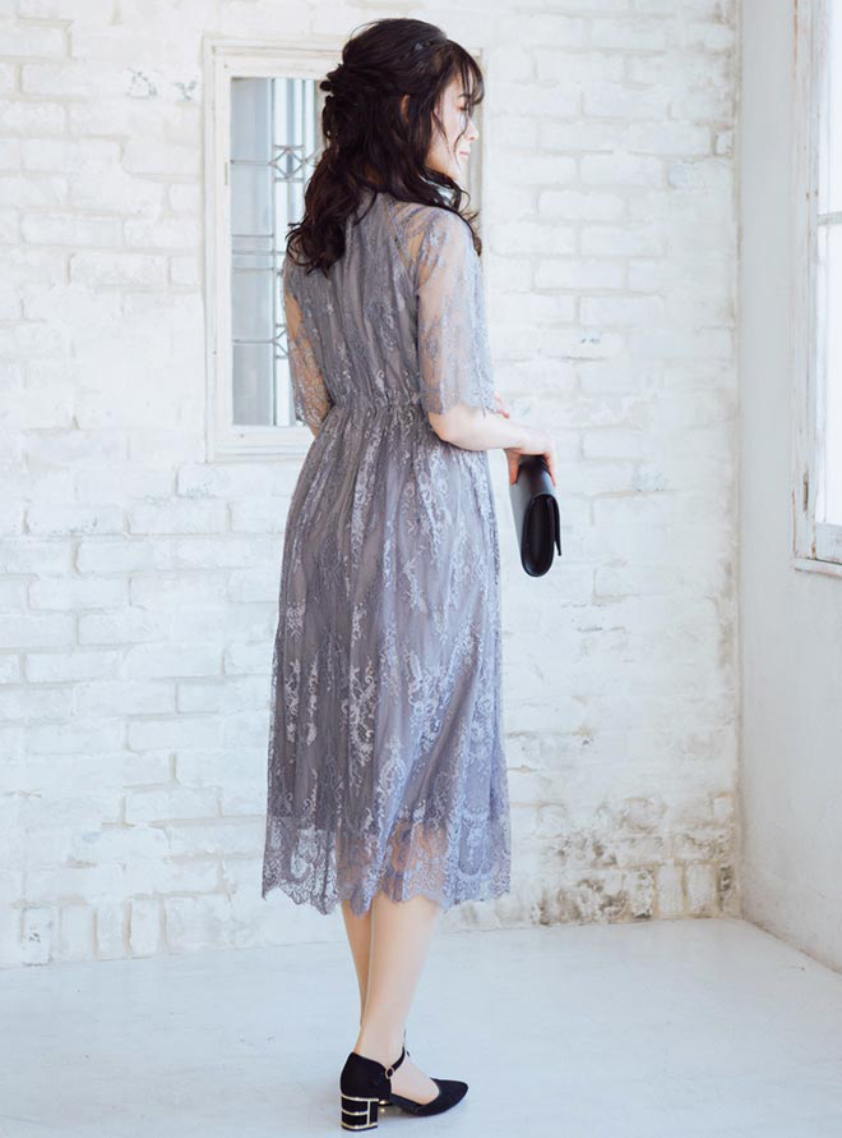 総レーススタンドカラー袖ありワンピース｜結婚式パーティのレンタル