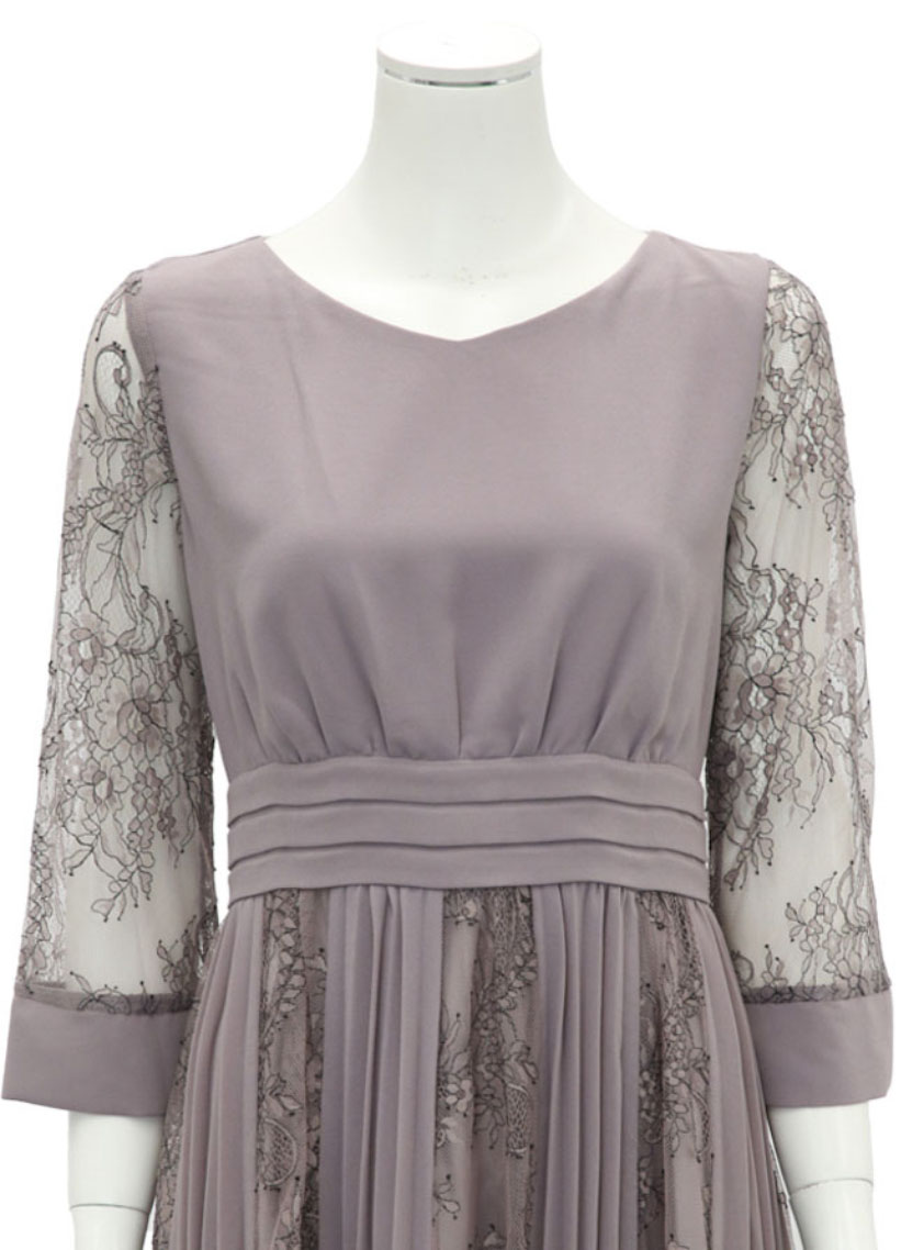 7分袖ウエスト切替え裾レースプリーツワンピース｜結婚式パーティの