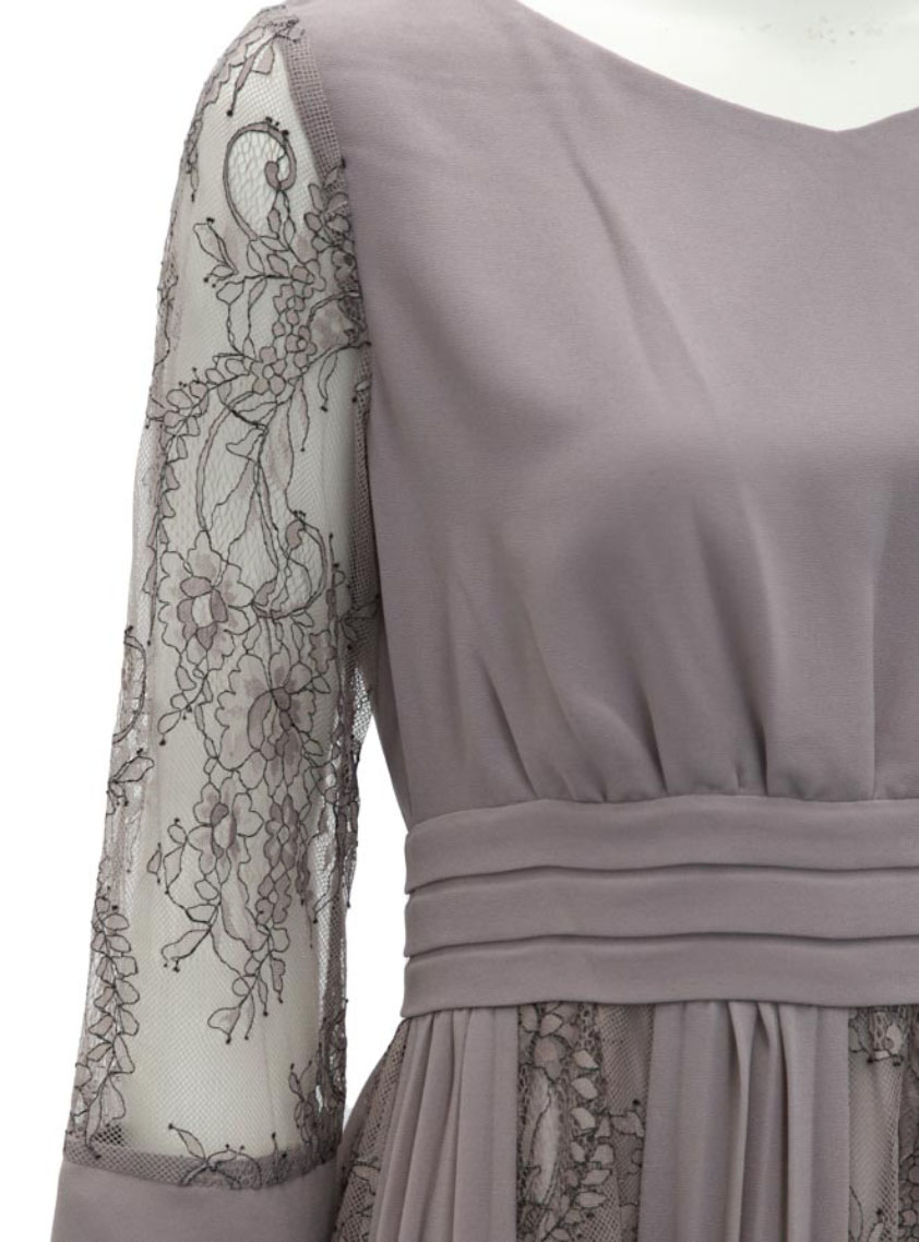 7分袖ウエスト切替え裾レースプリーツワンピース｜結婚式パーティの