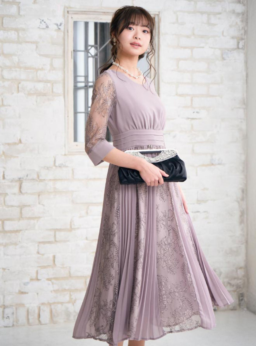お呼ばれドレス　プリーツ×レース 7分袖結婚式ワンピースドレス niana ドレス プリーツ×レース 7分袖結婚式ワンピースドレス