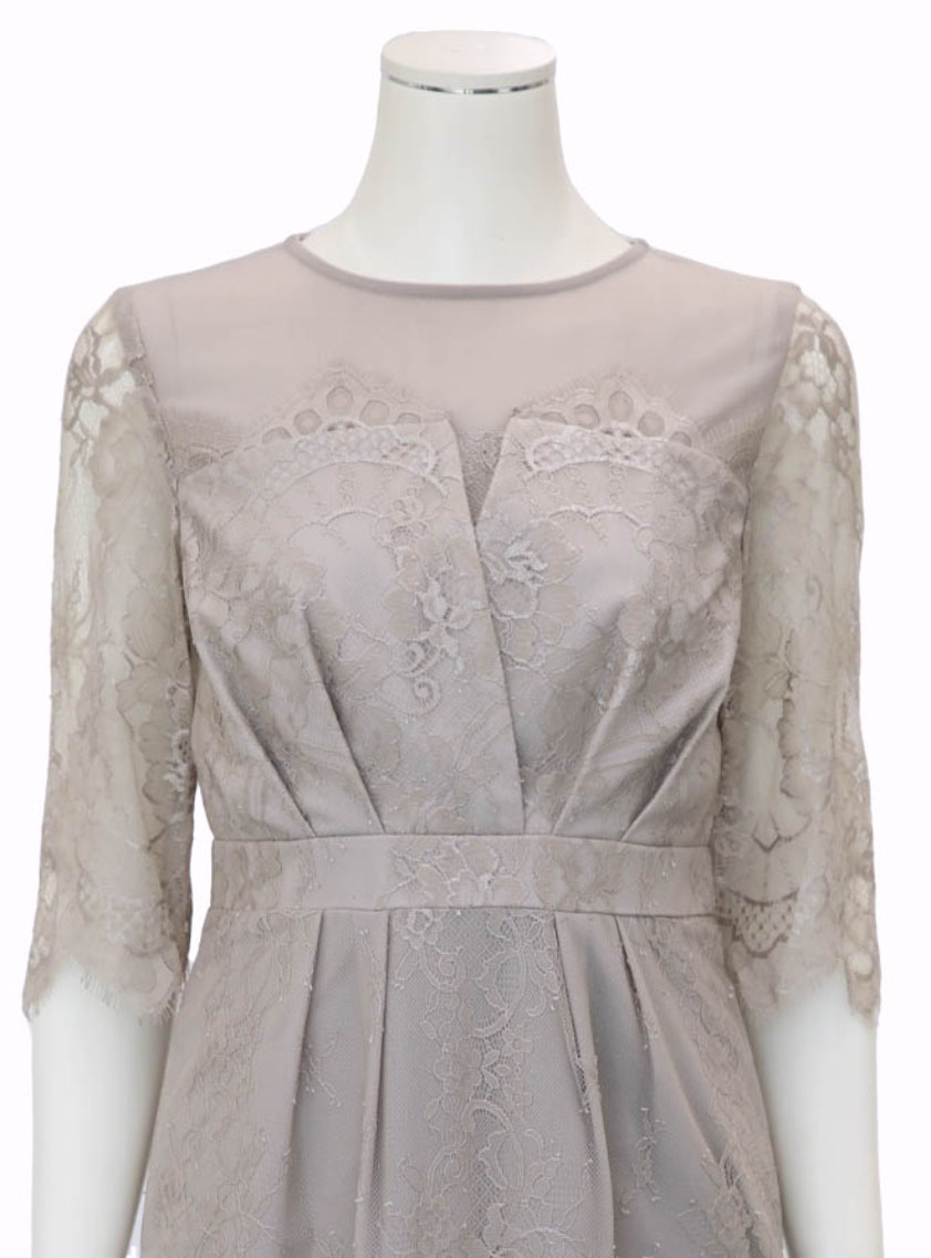 袖ありデコルテシアー総レースIラインワンピース｜結婚式パーティの