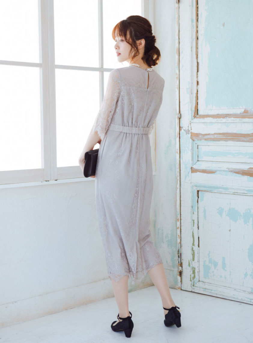 leja レースデコルテシアー袖Aラインワンピースドレス　Mサイズ Leja（レジャ）の「【LEJA】異素材レースデコルテシアー袖リボン