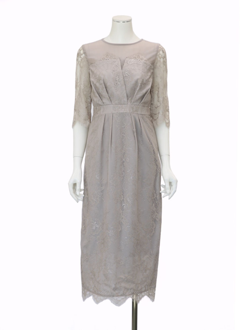 袖ありデコルテシアー総レースIラインワンピース｜結婚式パーティの
