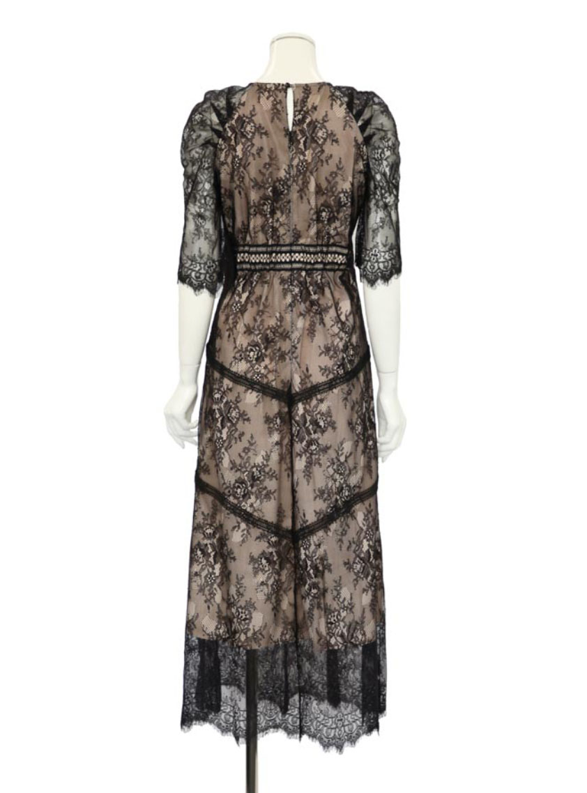 袖ありショルダーギャザーラッセルレースワンピース｜結婚式パーティの