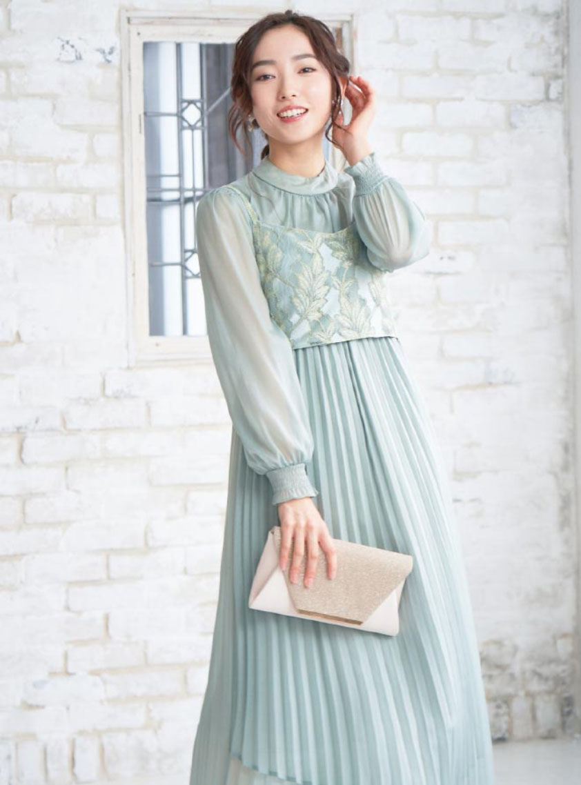 長袖ビスチェ付きプリーツワンピース｜結婚式パーティのレンタルドレス