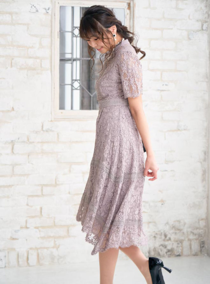 5分袖ケミカルレースカラーワンピース｜結婚式パーティのレンタル