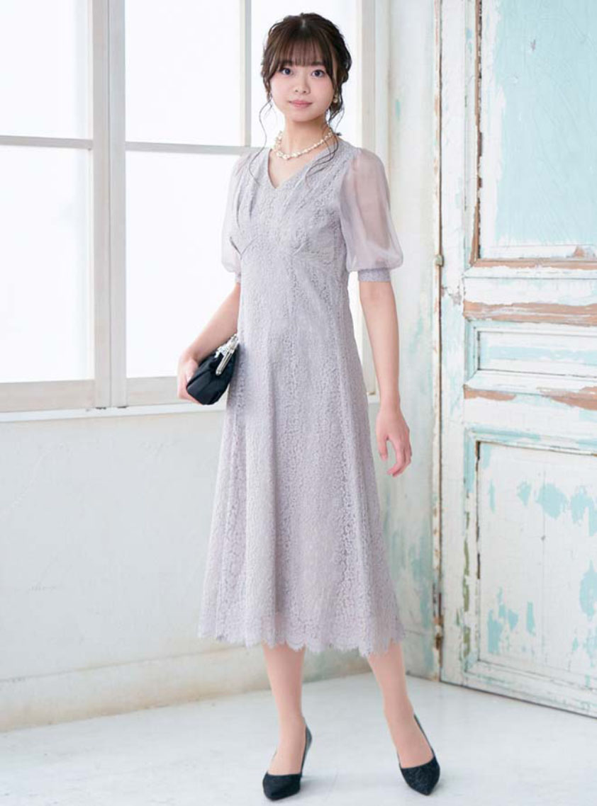 結婚式ドレス お呼ばれ ５分袖 花柄レース シフォン ミディアム 5分袖シフォンフラワーレースワンピース｜結婚式パーティの