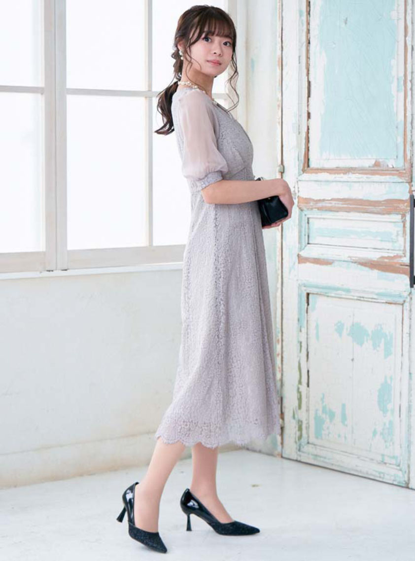 5分袖シフォンフラワーレースワンピース｜結婚式パーティの