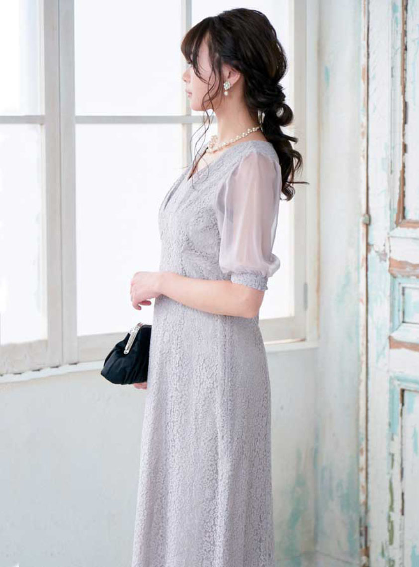 5分袖シフォンフラワーレースワンピース｜結婚式パーティの
