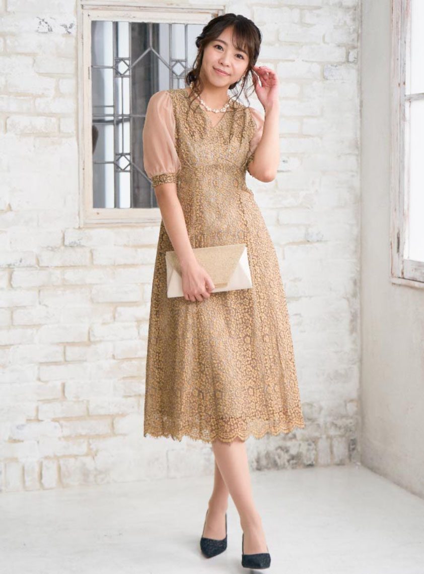 5分袖シフォンフラワーレースワンピース｜結婚式パーティの