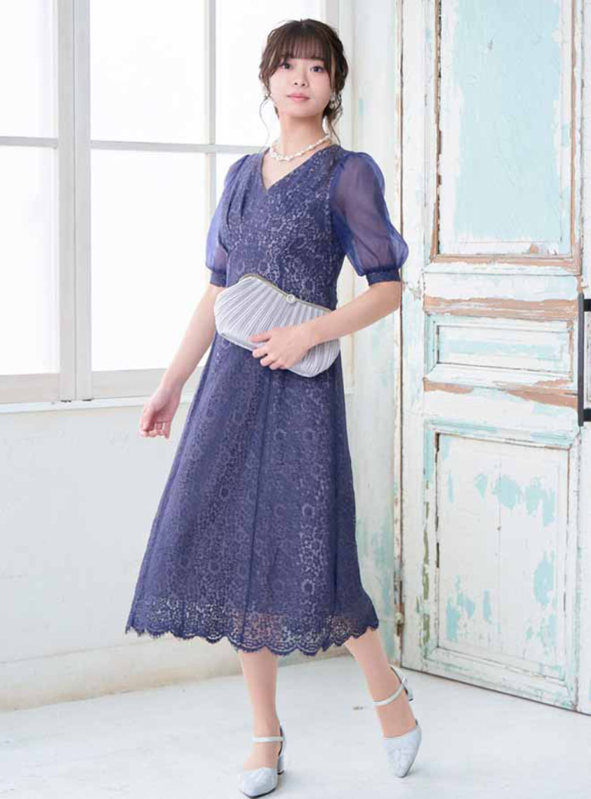 結婚式ドレス お呼ばれ ５分袖 花柄レース シフォン ミディアム 5分袖シフォンフラワーレースワンピース｜結婚式パーティの