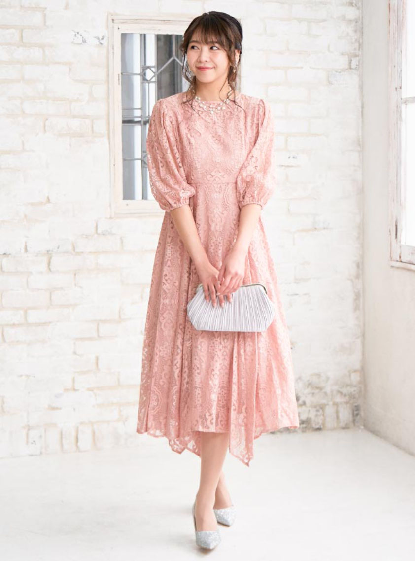 袖パフスリーブレースワンピース｜結婚式パーティのレンタルドレス