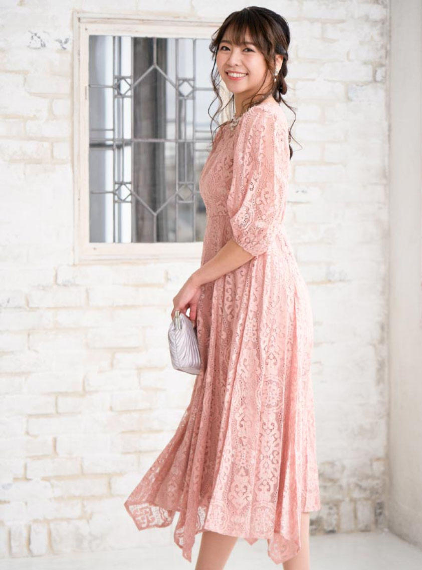 袖パフスリーブレースワンピース｜結婚式パーティのレンタルドレス
