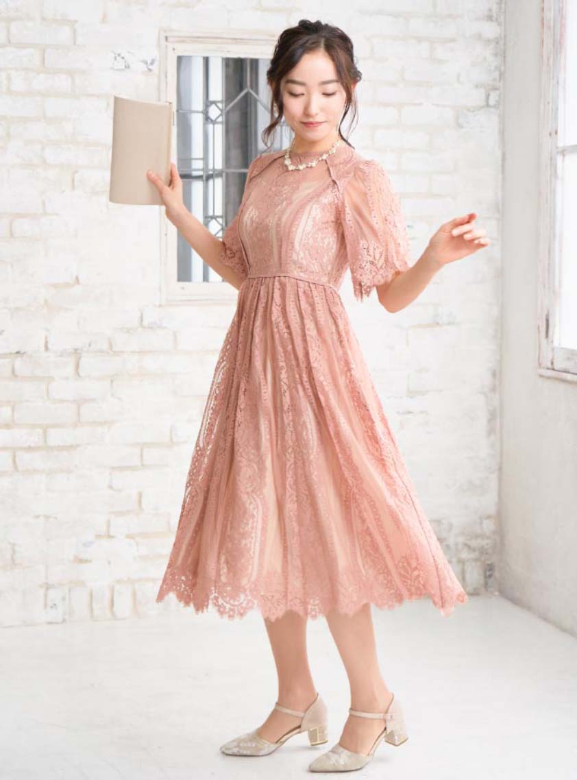 袖あり幾何学フレアワンピース｜結婚式パーティのレンタルドレス