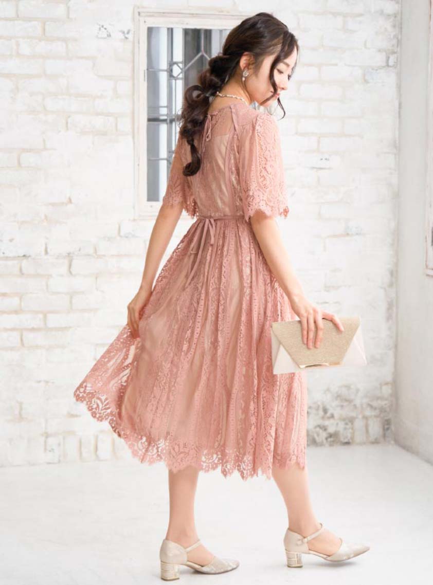 袖あり幾何学フレアワンピース｜結婚式パーティのレンタルドレス