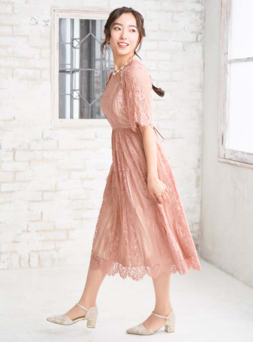 袖あり幾何学フレアワンピース｜結婚式パーティのレンタルドレス