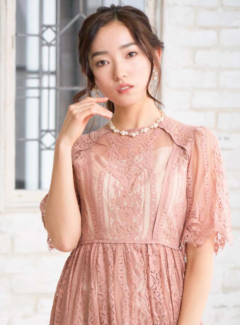 袖あり幾何学フレアワンピース｜結婚式パーティのレンタルドレス