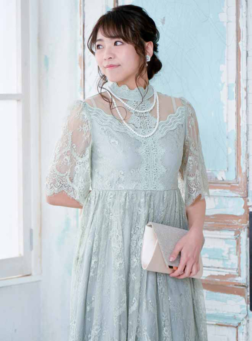 袖ありハイネックアンティークワンピース｜結婚式パーティのレンタル