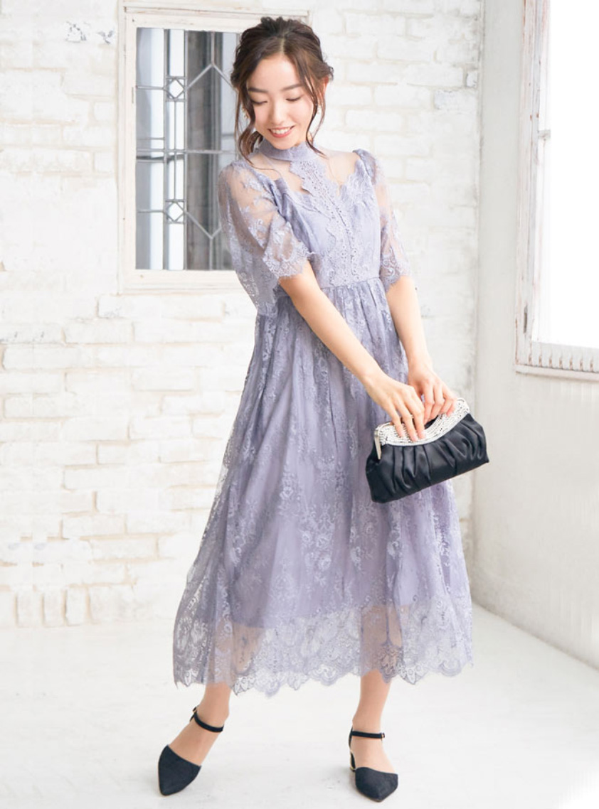 袖ありハイネックアンティークワンピース｜結婚式パーティのレンタル  