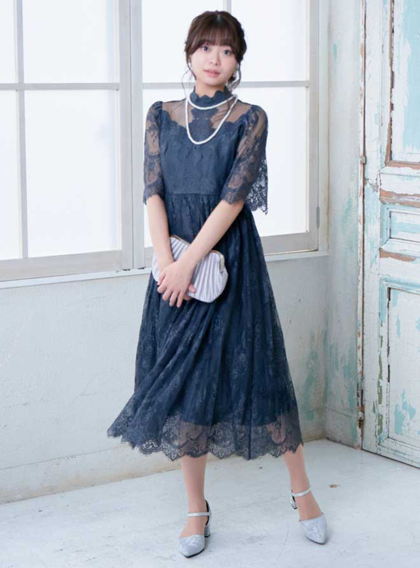 袖ありハイネックアンティークワンピース｜結婚式パーティの