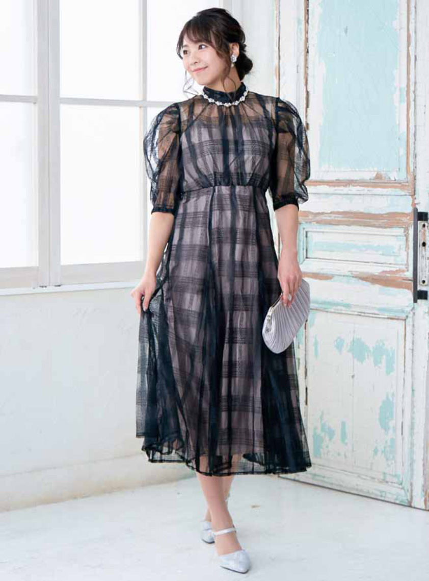 袖ありハイネックチェックワンピース｜結婚式パーティのレンタル