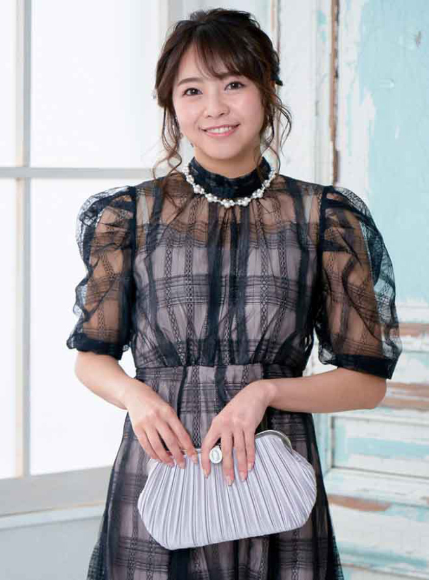 袖ありハイネックチェックワンピース｜結婚式パーティのレンタルドレス