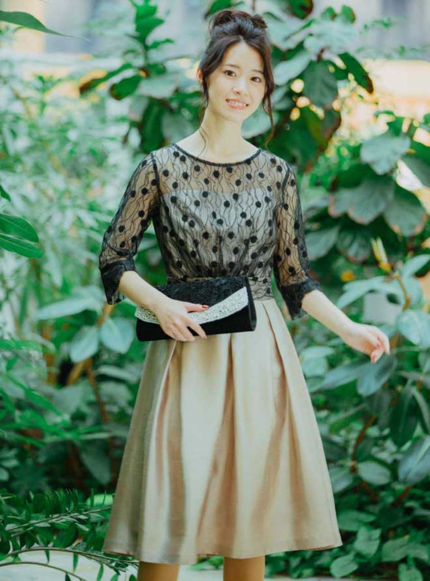 【超美品】リボン柄フォーマルワンピ リボンデザイン七分袖ドット柄チュールワンピース｜結婚式