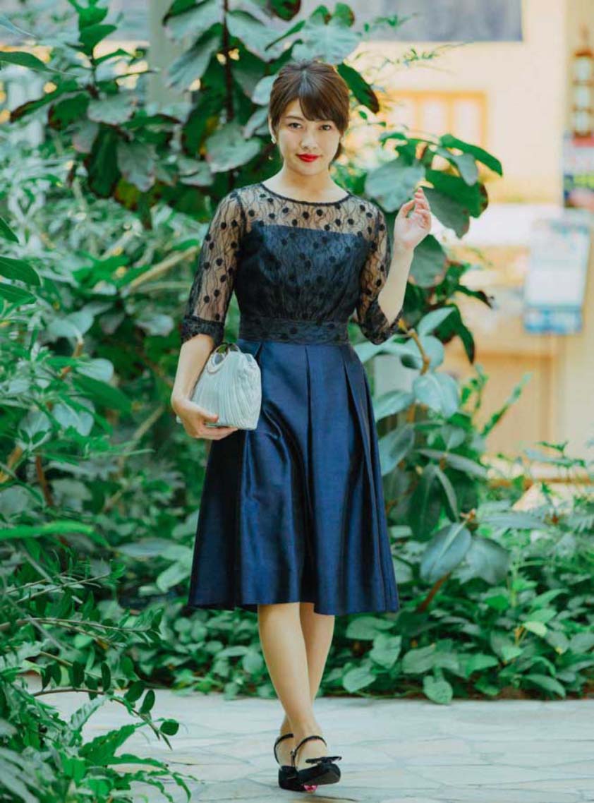 リボンデザイン七分袖ドット柄チュールワンピース｜結婚式