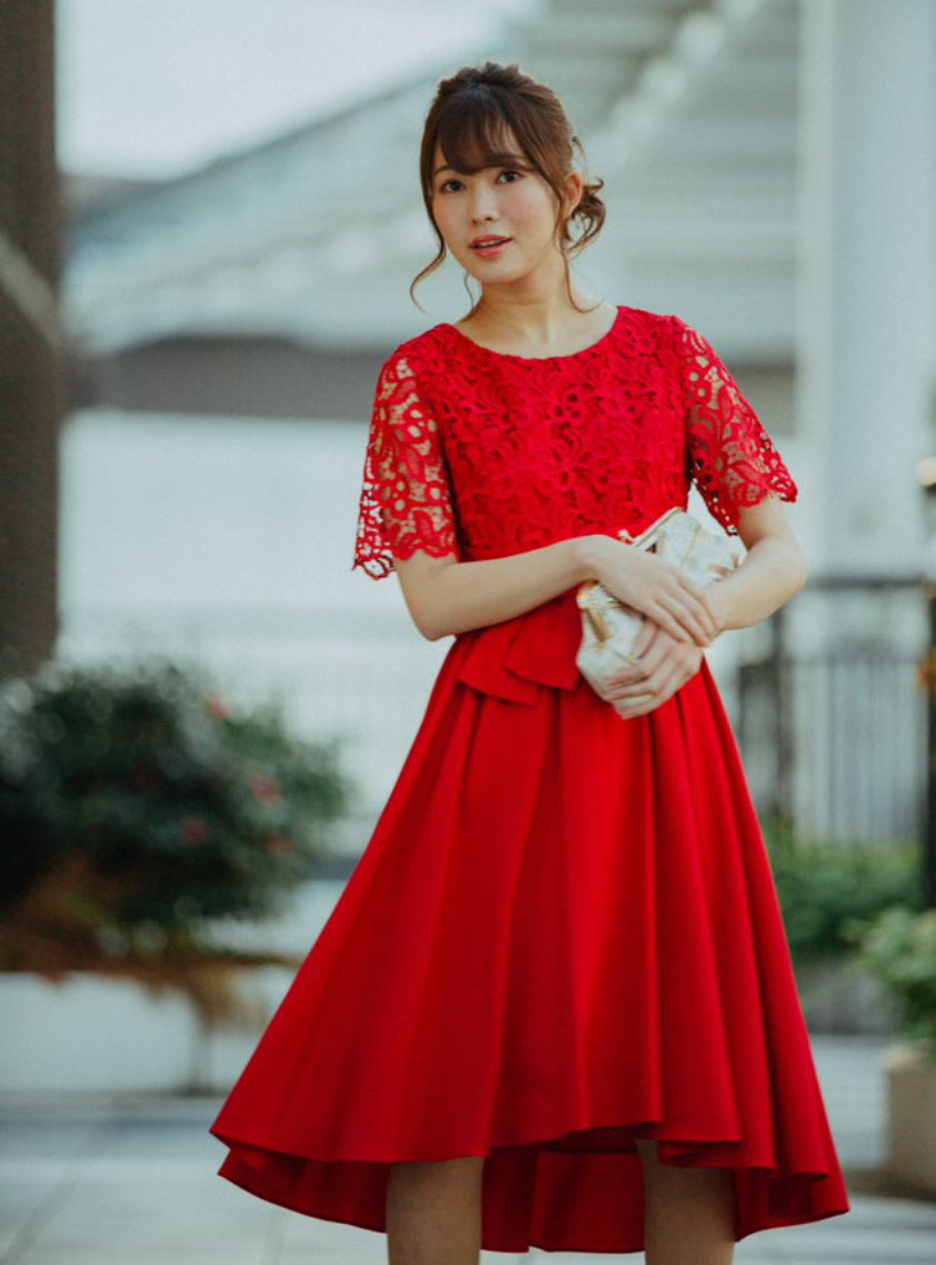 半袖鈎針胸切替ひざ下ワンピース｜結婚式パーティのレンタルドレス