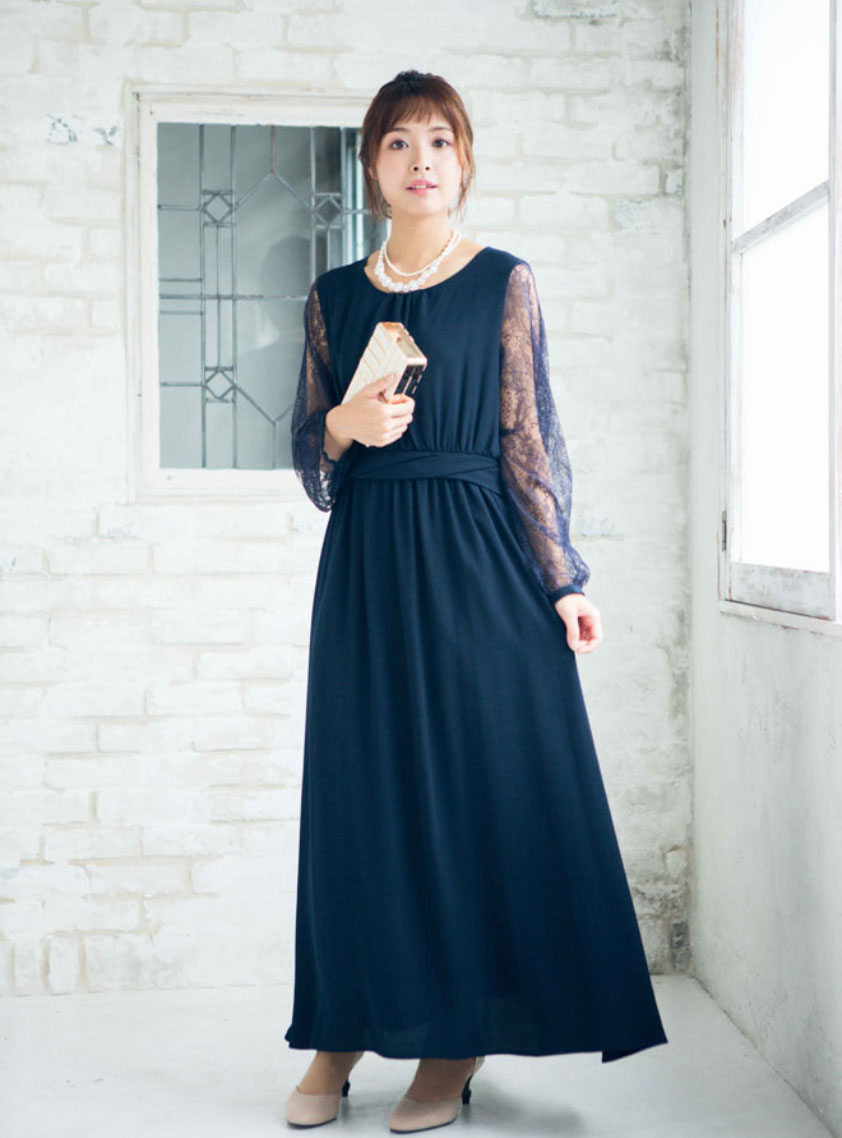 ネイビー フレア袖 ロングワンピース 長袖レースねじりウエストフレアーロングワンピース｜結婚式