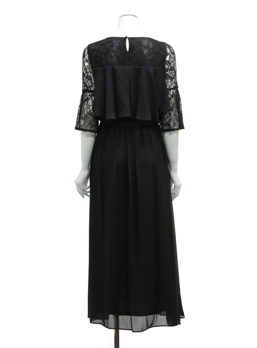 rire fete シフォン切り替えレースワンピース ブラック Mサイズ Lace Ladies ドレス レース切り替え七分袖フォーマルワンピース