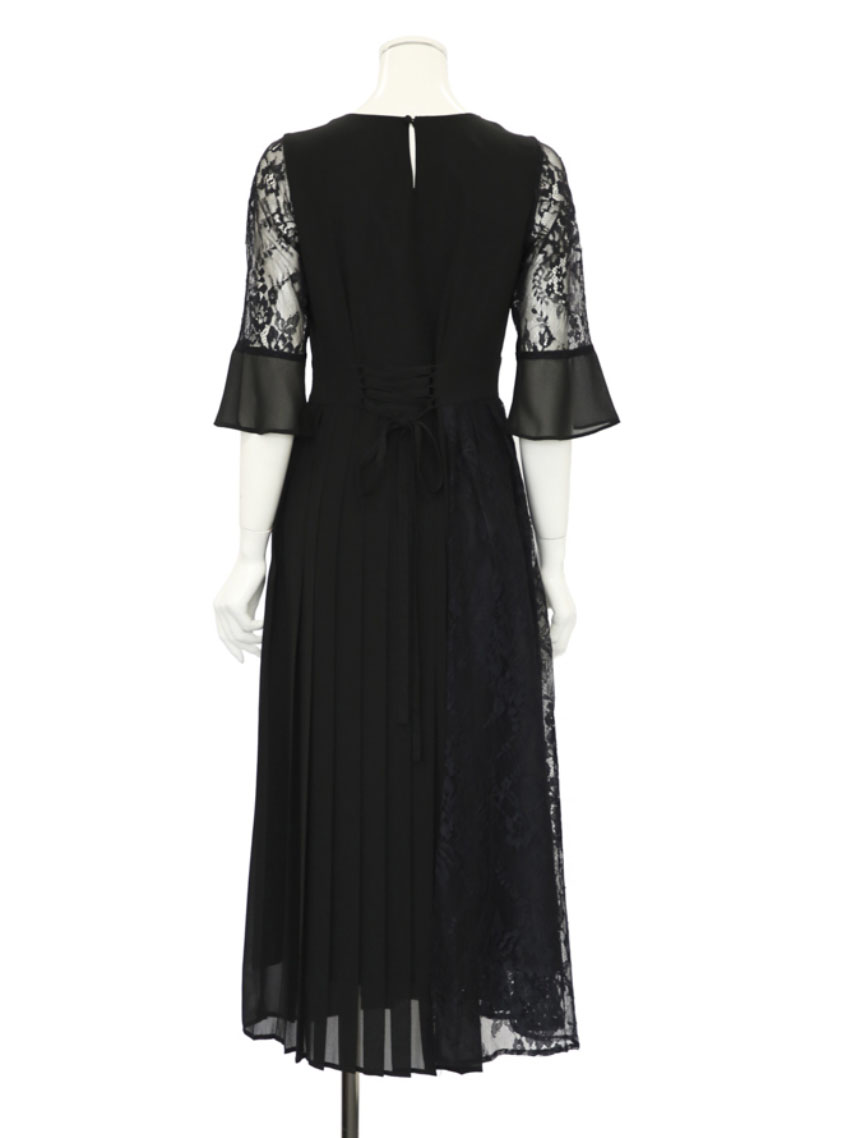 袖あり異素材ウエスト切替プリーツワンピース｜結婚式パーティの