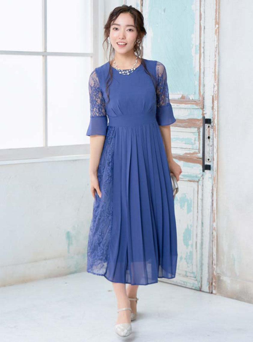 袖あり異素材ウエスト切替プリーツワンピース｜結婚式パーティの  