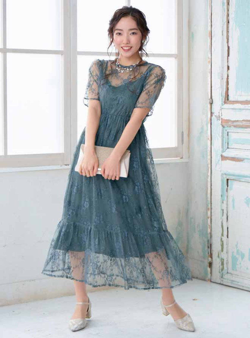 5分袖総チュールレーススタンドカラーワンピース｜結婚式パーティの