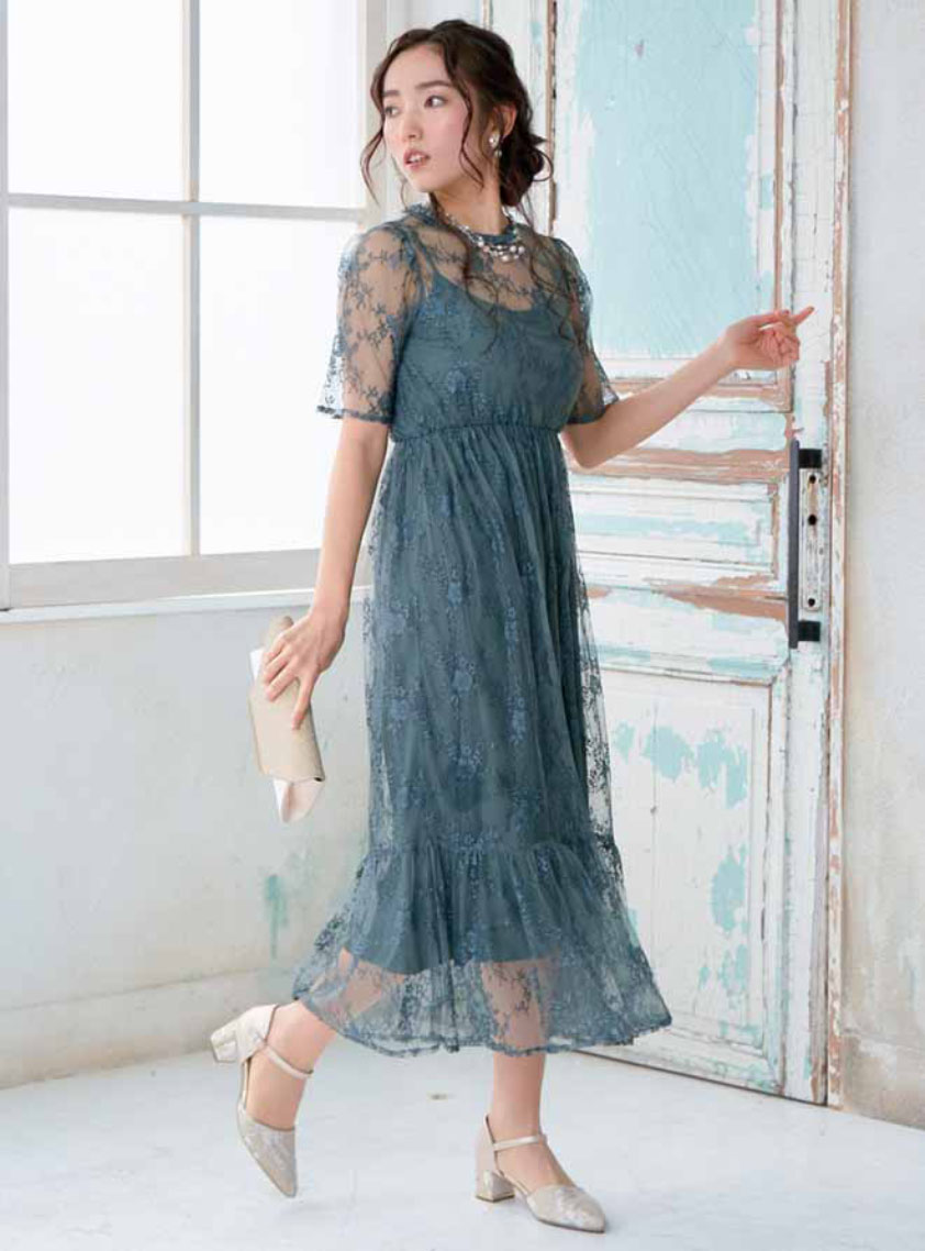 5分袖総チュールレーススタンドカラーワンピース｜結婚式パーティの