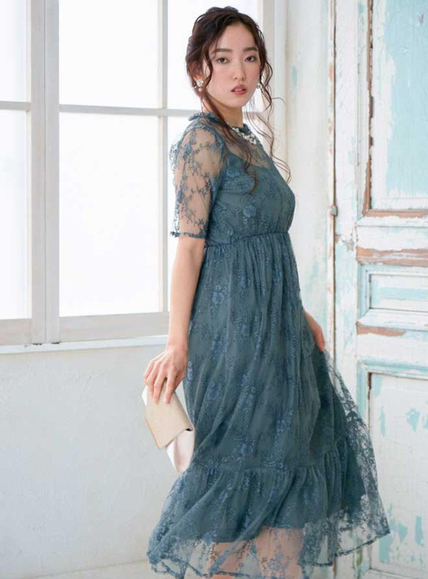 5分袖総チュールレーススタンドカラーワンピース｜結婚式パーティの