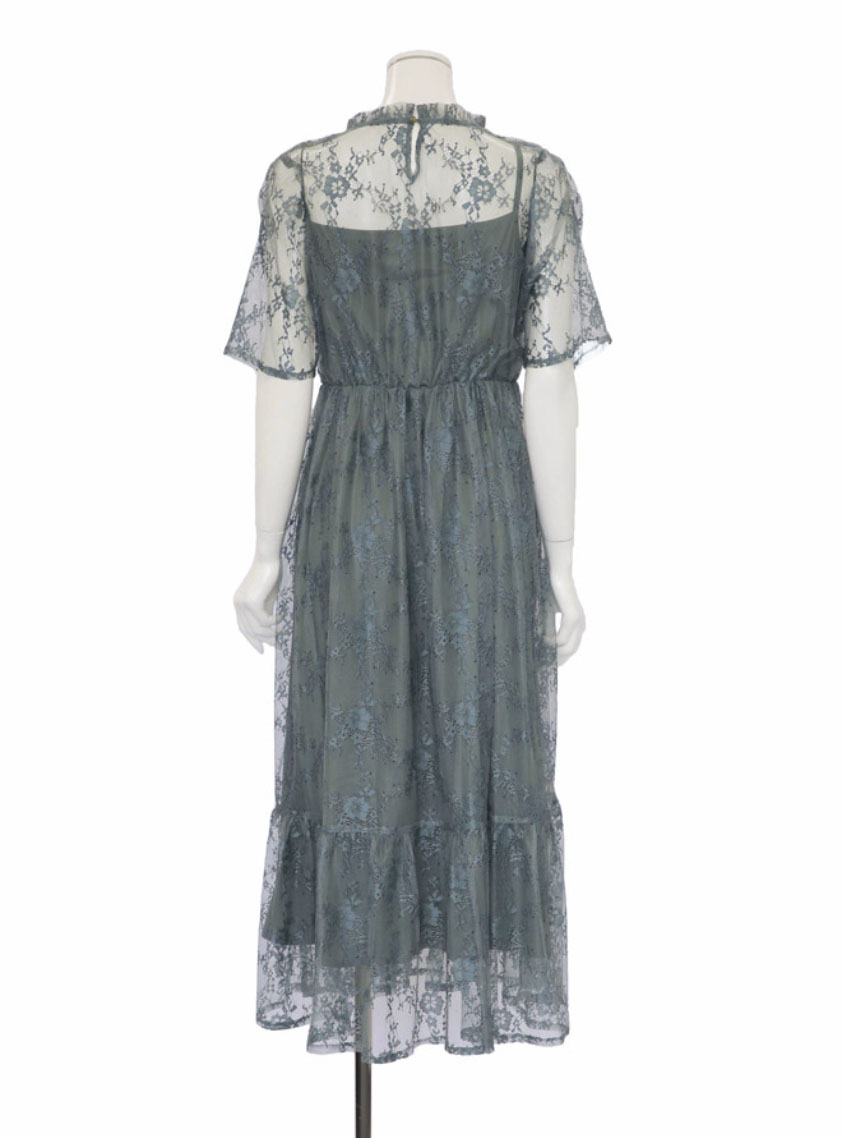 チュールレース バンドカラーワンピース 5分袖総チュールレーススタンドカラーワンピース｜結婚式パーティの