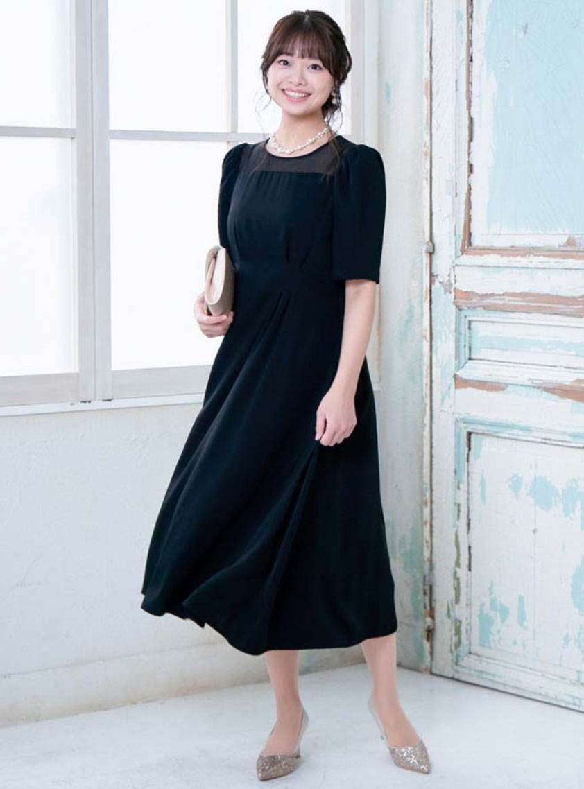 5分袖シンプルレトロワンピース｜結婚式パーティのレンタルドレス