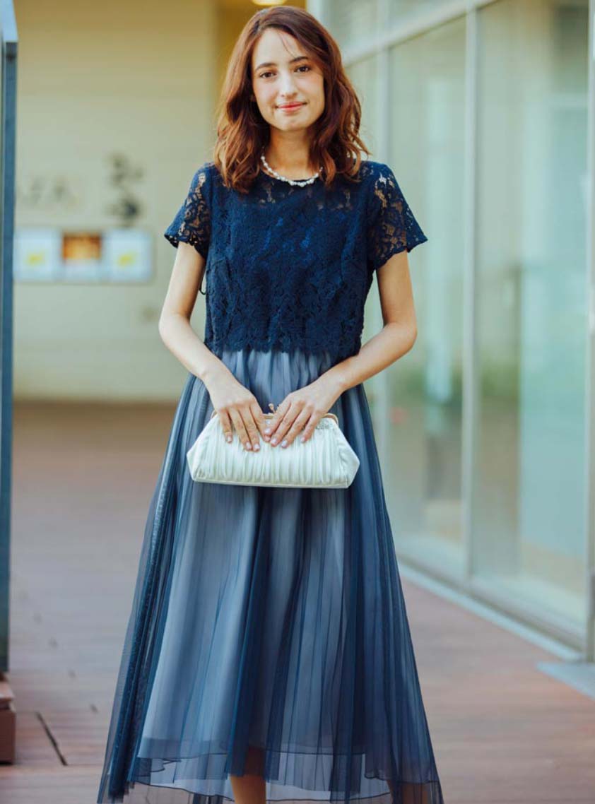半袖フレアウエスト切替チュールロングワンピース｜結婚式