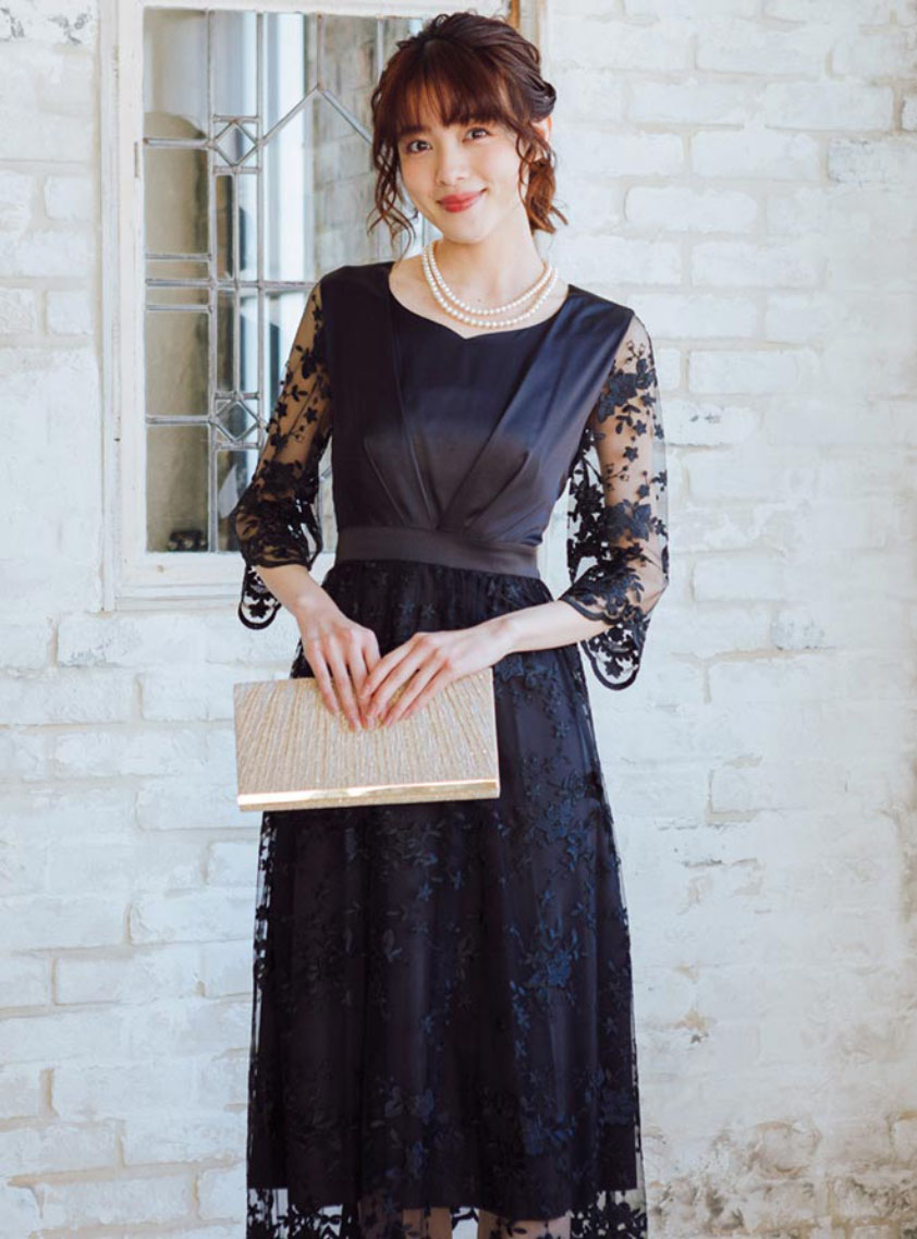 5分袖チュール花柄刺繍サテンワンピース｜結婚式パーティのレンタル