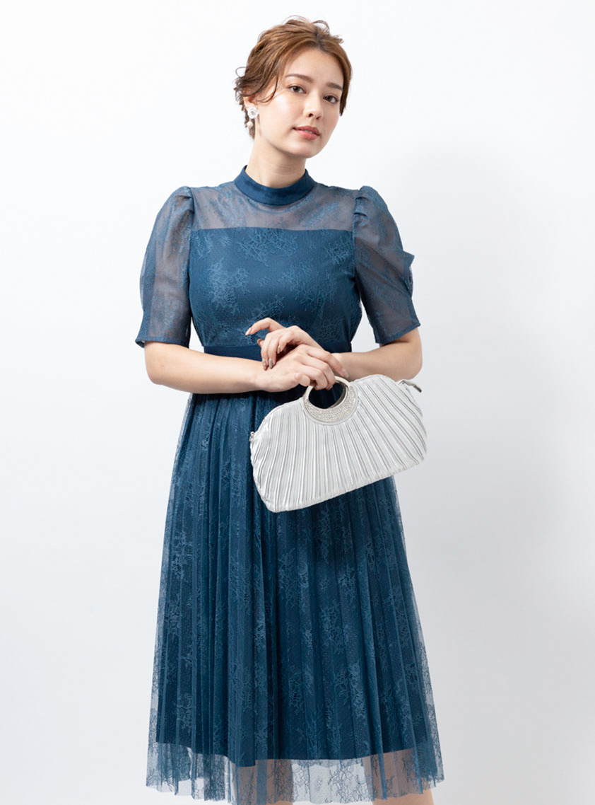 5分丈レースハイネックワンピース｜結婚式パーティのレンタルドレス